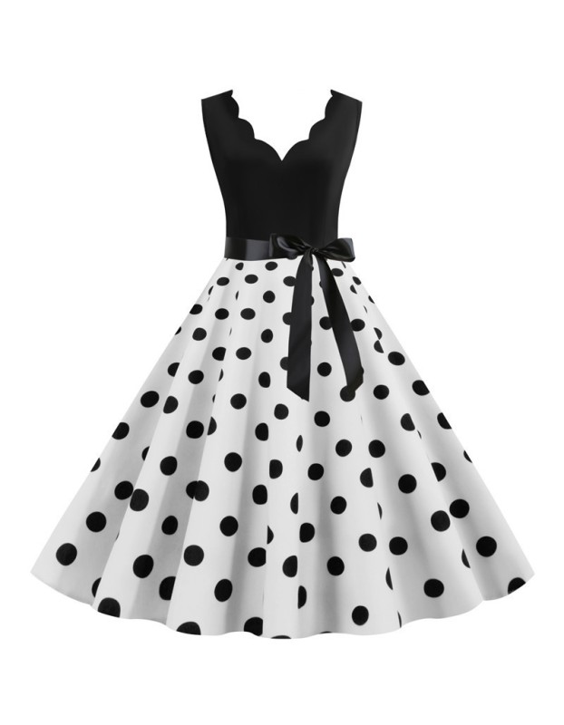 Burnt Polka Print Dot Office Wear Sleeveless V-neck White Dress JY14721