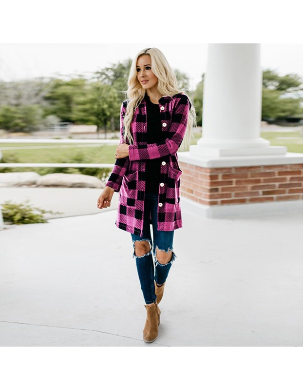 Shirt With Long Sleeve Single Breasted Plaid Flannel Women Midi Coats LQ172
