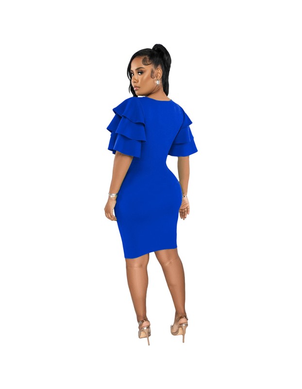 New Style Commuter Square Collar Short Sleeve Solid Color Slim-Fit Dress 9423