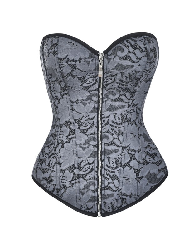 Women Sexy Jacquard Floral Overbust Corset With Zipper Bustier Top M1441