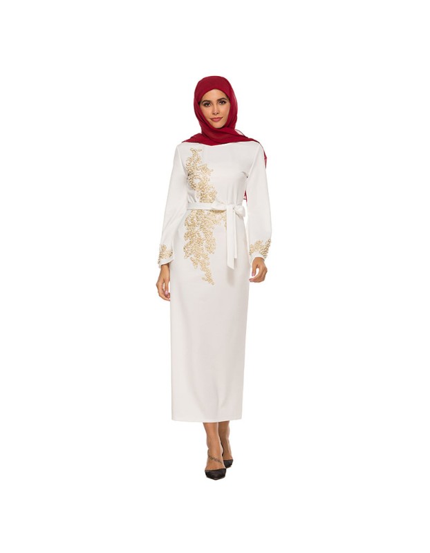 New Style Elegant Embroidered Beaded Trumpet Sleeve Lace Up Dress 1921