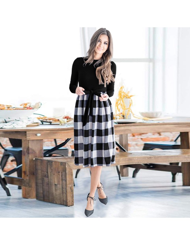 Leopard Print Plaid Long Stitching Body Lace Up Ladies Evening Jersey Dress LQ169