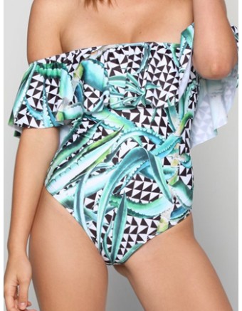 New style ruffle-shoulder  one piece colorful flower print swimwear 17076