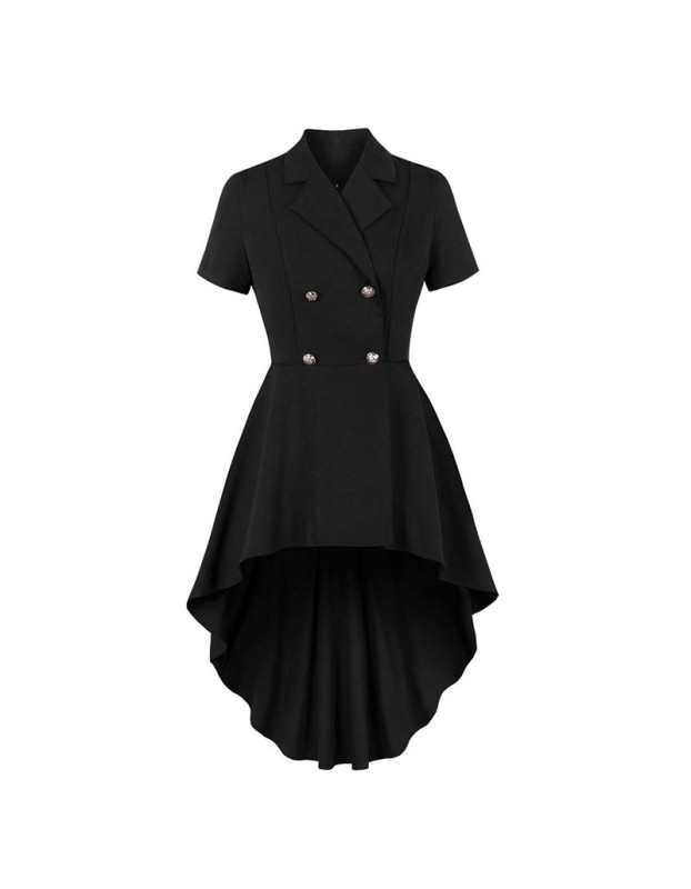 Vintage Short-Sleeved Women's Waist Slim-Fit Irregular Dress Black Witch Dress A9066