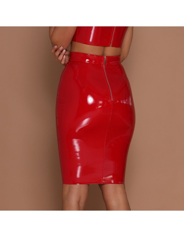 Slim Tight Half Skirt Mirror PU Leather High Waist Zipper Skirt SKT010