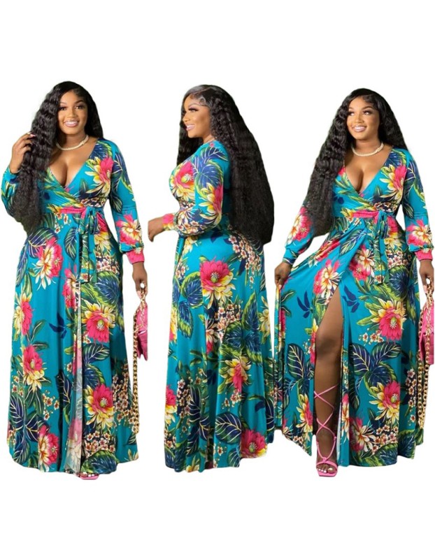 Women V-Neck Vintage Sexy Floral Halter Plus Size Casual Dress 86117