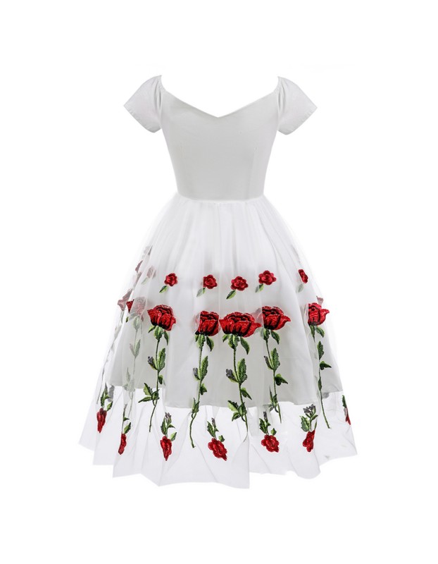White And Black Mesh Sexy Transparent Rose Elegant Women Evening Print Dresses CD1609