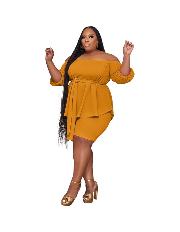 Solid Color Plus Size Women's Independent Stand One Shoulder Two Piece Set YM8627