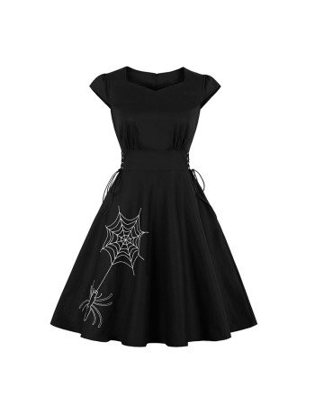 2023 Hepburn Style Embroidery Halloween Big Swing Crew-neck Vintage Dress 1986