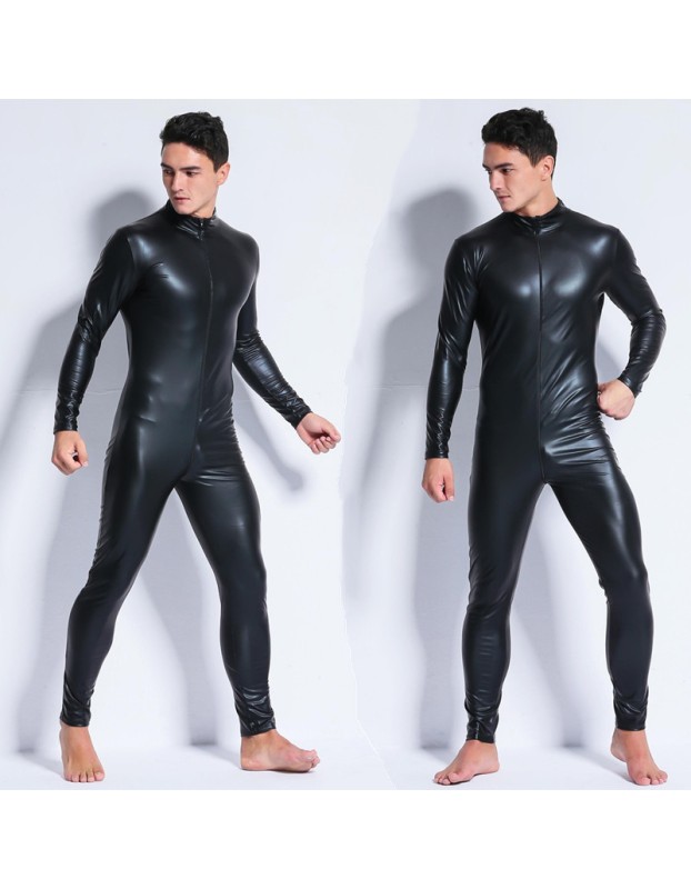 Men's Sexy Wetlook Faux Leather One Piece Skin Bodysuit Open Crotch Tights Catsuit Zentai M6721