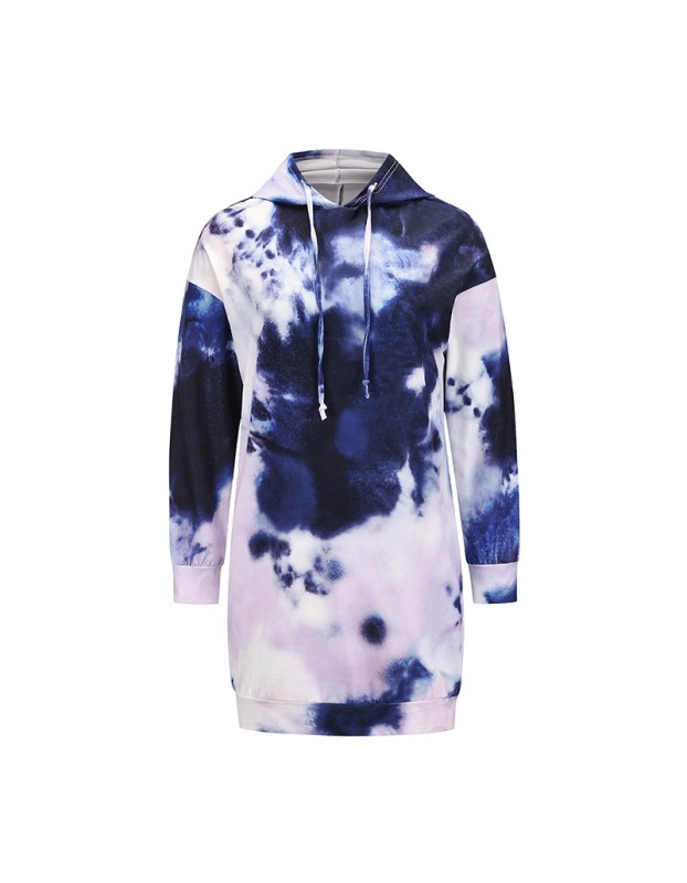 Mid-Length Pullover O-Neck Casual Tie Dye Printed Sweater Hoodie Dress LQ155