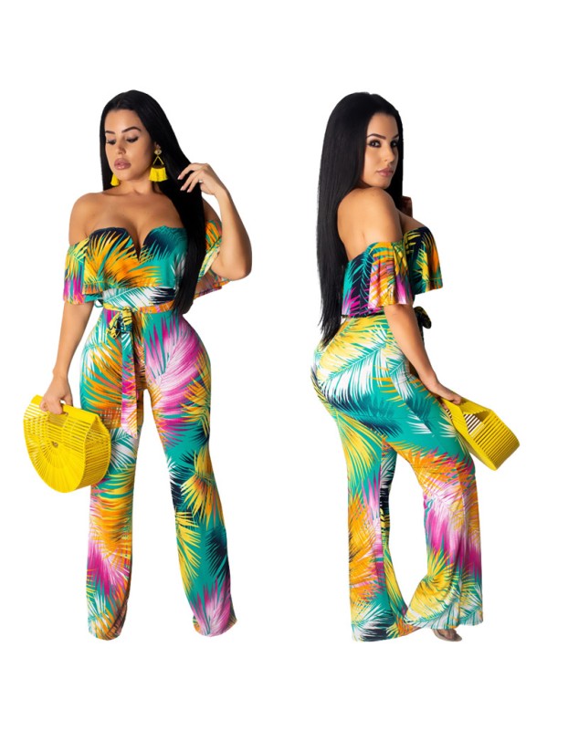 Boho Style Tropical Print Off Shoulder Ruffle Beach Rompers M8420