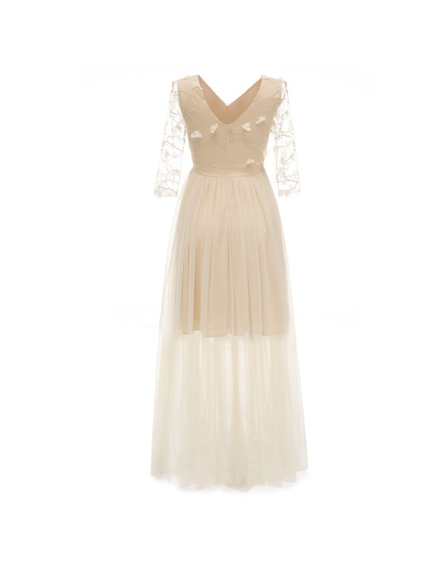 Net Yarn Flowers Wedding Bridal Long V-Neck Club Sexy Thin Dress CD1672