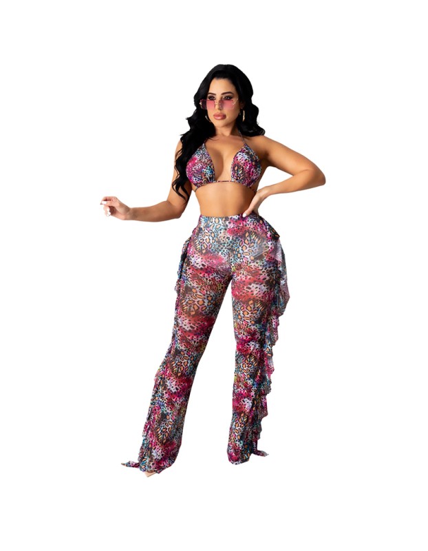 Women Halter Tether Printed Summer Two Piece Pants Set Bikini  M8597