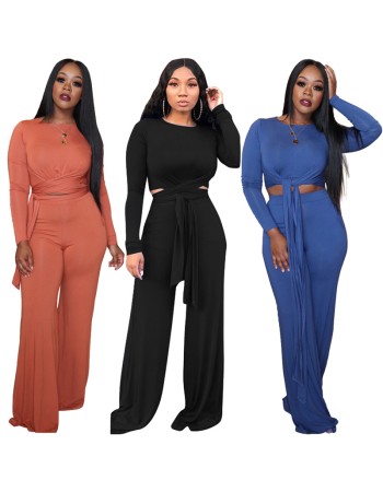 Long Sleeve Bandage Top + Wide Leg Long Pants Casual 2 Pieces Sets M8490