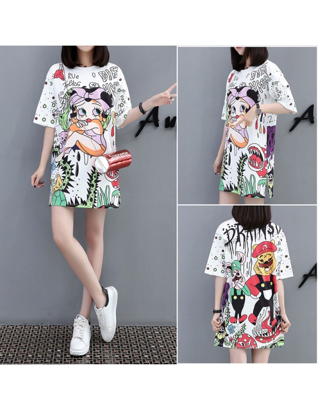 Casual Loose Cartoon Printed T Shirt Dress M8369