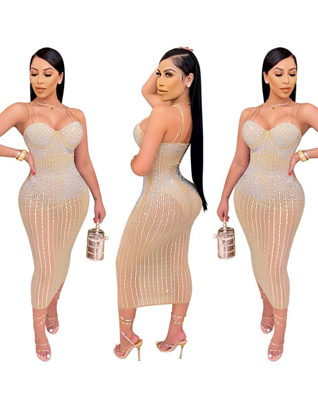 Mesh Club Sexy Diamond Encrusted Halter Womens Dresses X3805