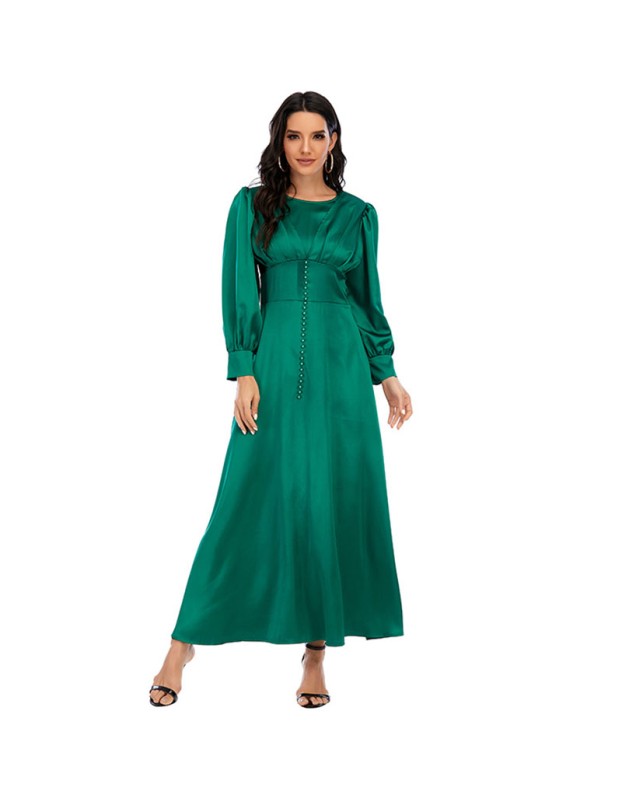 Woman Soft Long Sleeve Shapewear Elegant Satin Maxi Muslim Dress 21412
