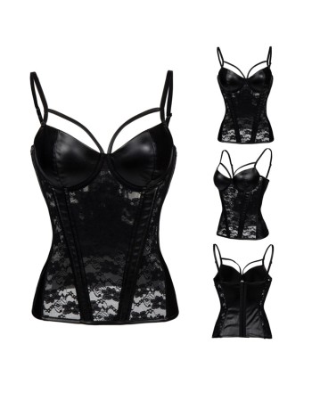 Women Black Leather Lace Patchwork Waist Trainer Corsets m1405