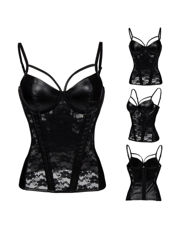 Women Black Leather Lace Patchwork Waist Trainer Corsets m1405