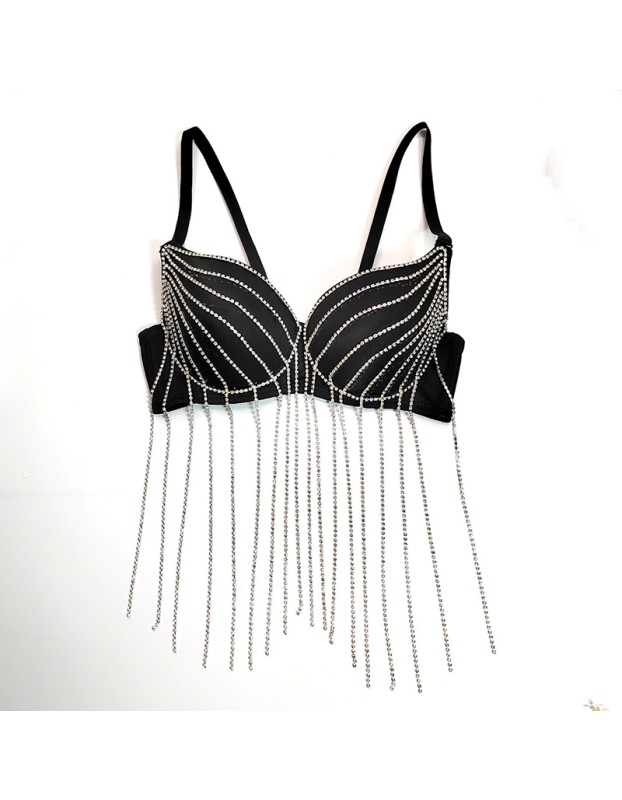 Rhinestone Suspender Tassel Vest Scrub Top Nightclub Stage Style Bra KN8373