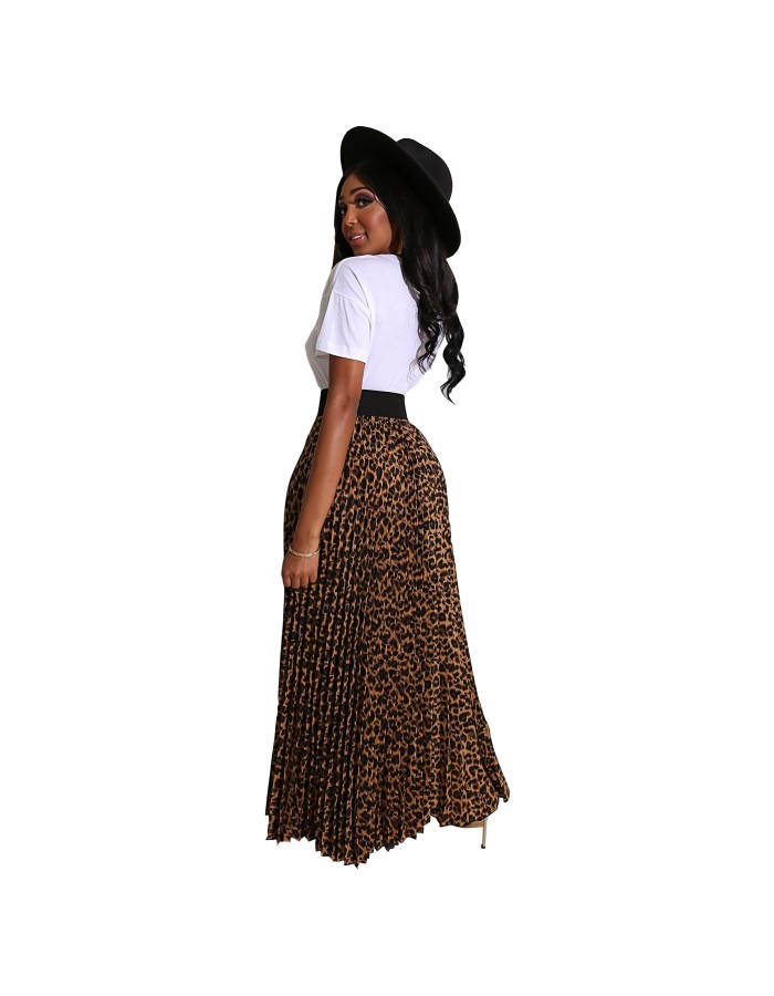 Women White letter T-shirt and Casual Leopard Print Dress Maxi formal skirts for ladies M8451