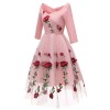 Rose Embroidery Dinner Party Lady Evening Net Yarn Dress Wedding Sexy CD1657