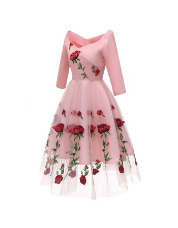 Rose Embroidery Dinner Party Lady Evening Net Yarn Dress Wedding Sexy CD1657