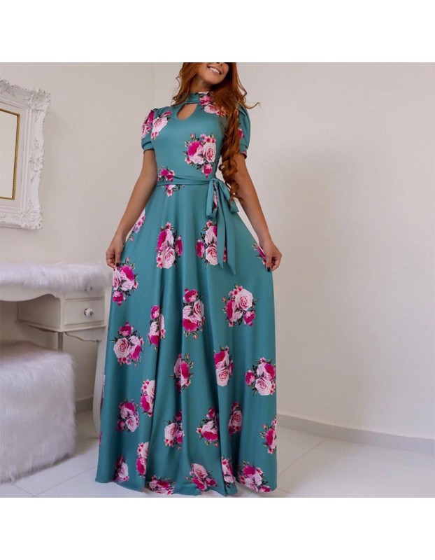 Casual Short Sleeve Long Boho Floral Print Maxi Dress M8410