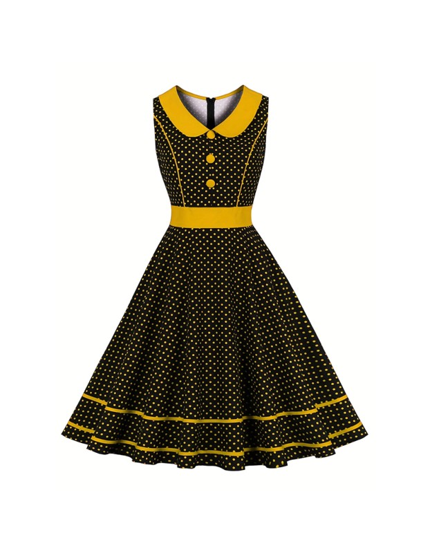 New Sstyle Women Lapel Polka Dot Color Contrast Vintage Swing Dress 3291