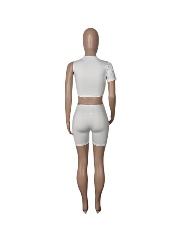 Cut Out Pants Women One Sleeve Crop Top Sexy Two Piece Set M062