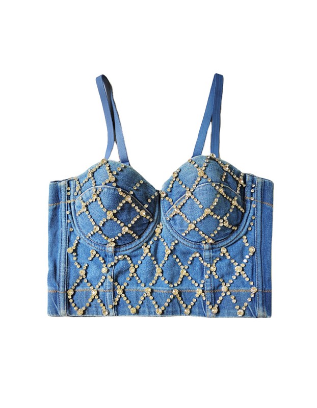 Denim Blazer Shaped Top With Chest Pad Nailed Beaded Vest 8972