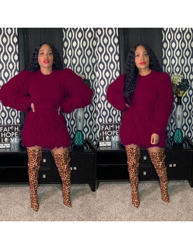 Winter Fashion Fluffy Tassel Warm Sweater 2 Piece Set M8526