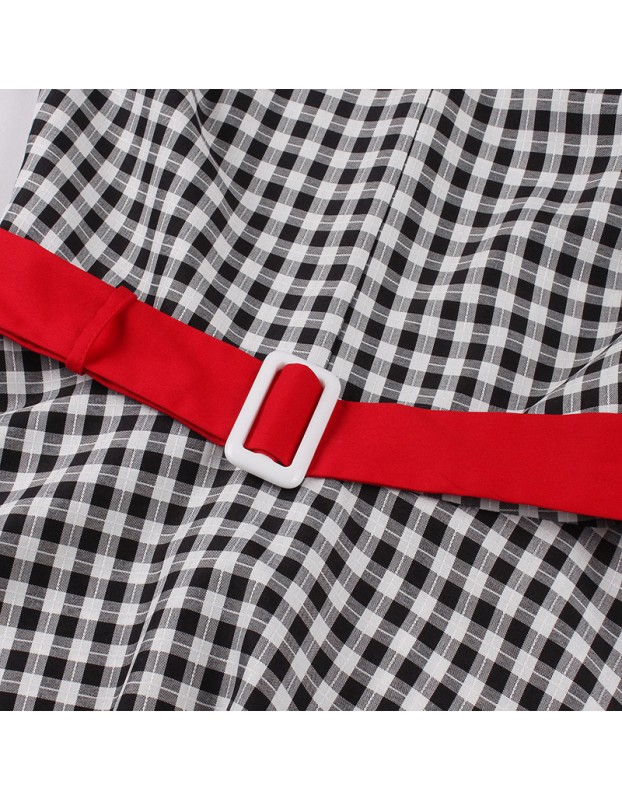 Women Retro Dress Black And White Check Belt Slimming Casual Dress 5039