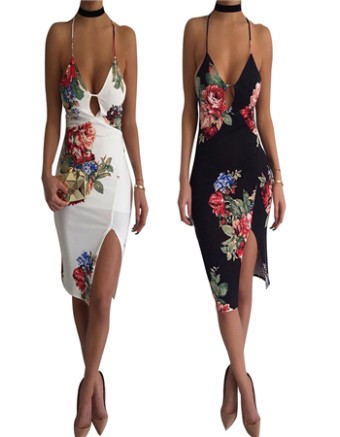 Sexy Lady Summer Deep V Neck Halter Floral Print Strap Dress