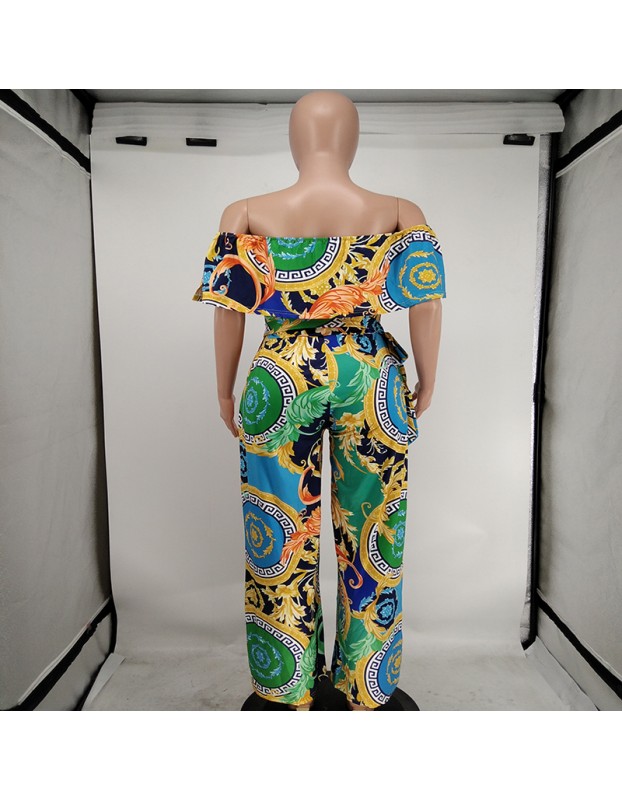 Summer Women Boho Casual Loose Ruffle Off Shoulder Jumpsuit M8605