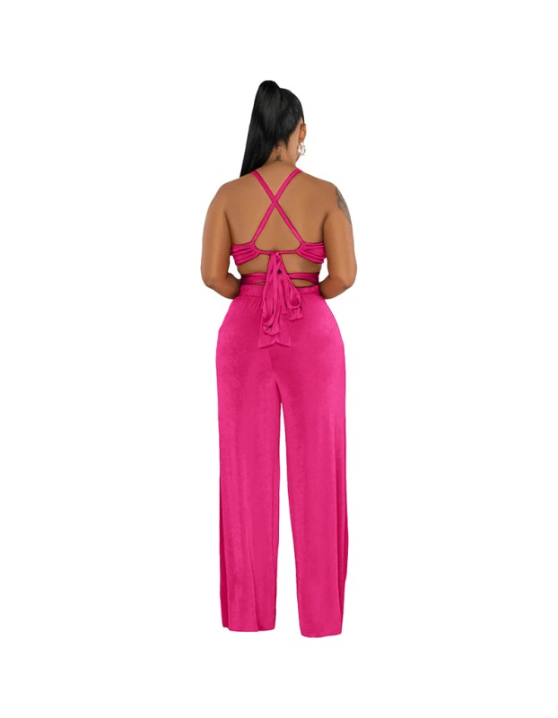 Women's Halter Cross-Strap Solid Color Wide-Leg Pants Two Piece Set 9428