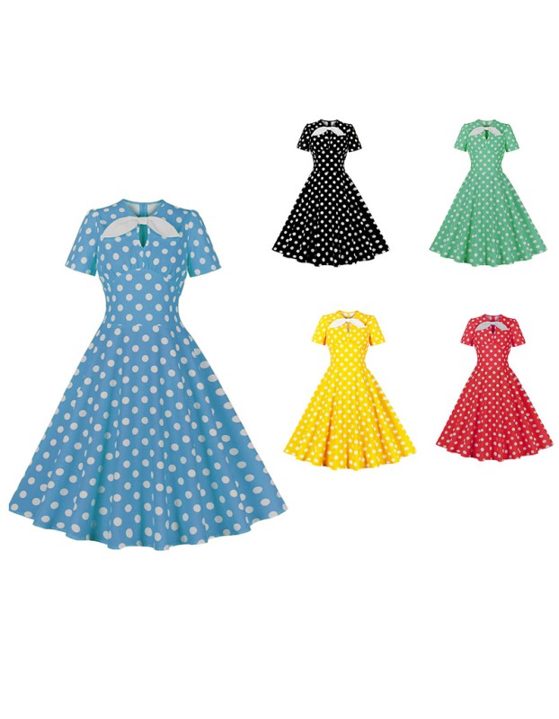 Hepburn Style Round Neck Bow Lace Up Polka Dot Retro Swing Dress Woman 5157