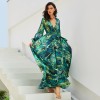 Summer long sleeve V-neck green leaf print maxi dress M8389