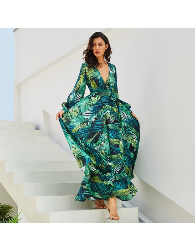 Summer long sleeve V-neck green leaf print maxi dress M8389