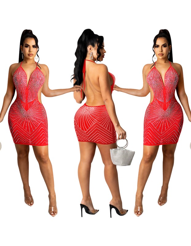 Rhinestone Shiny Skirt Dinner Gown Backless Sexy Mesh Night Dress X5251