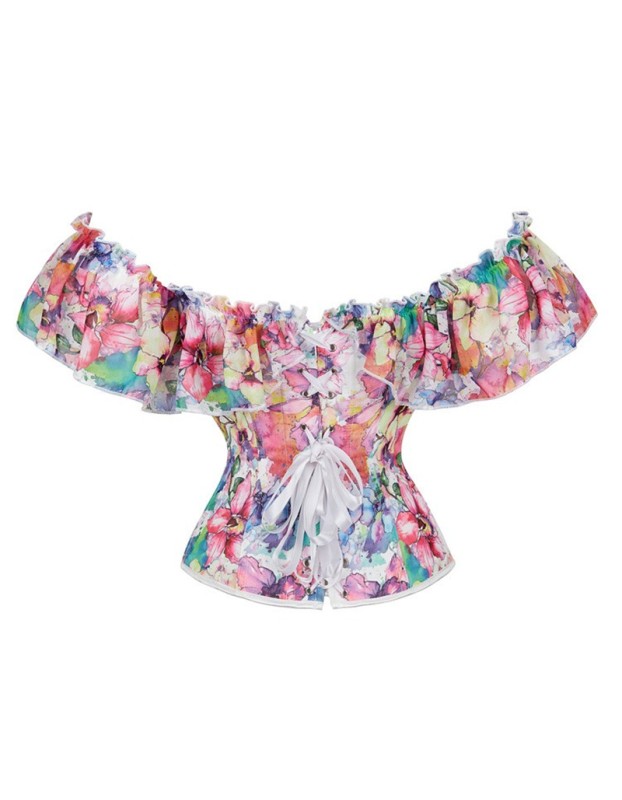 Floral Print Sexy Corset Shirt ff Shoulder Ruffles Sleeves Overbust Corset Top WK1903a