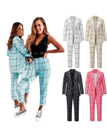 Checked Female Double-Breasted Blazers Formal  Women Suits Two Pieces LQ158