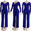 Womens Solid Sexy Deep V Neck Full Sleeve Jumpsuits Belt M9202
