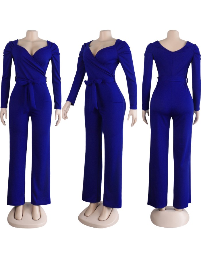 Womens Solid Sexy Deep V Neck Full Sleeve Jumpsuits Belt M9202