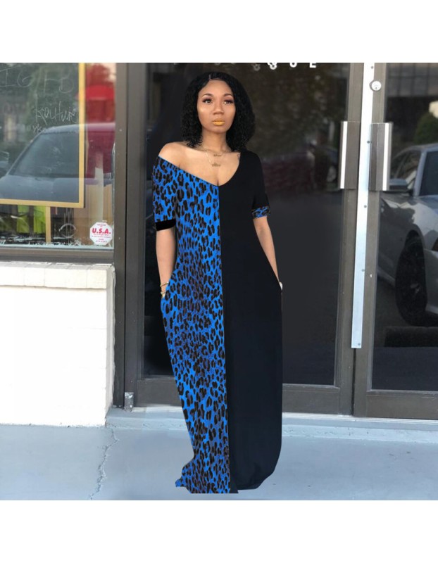 Lady Summer Loose Casual Leopard Pockets Dress M9200