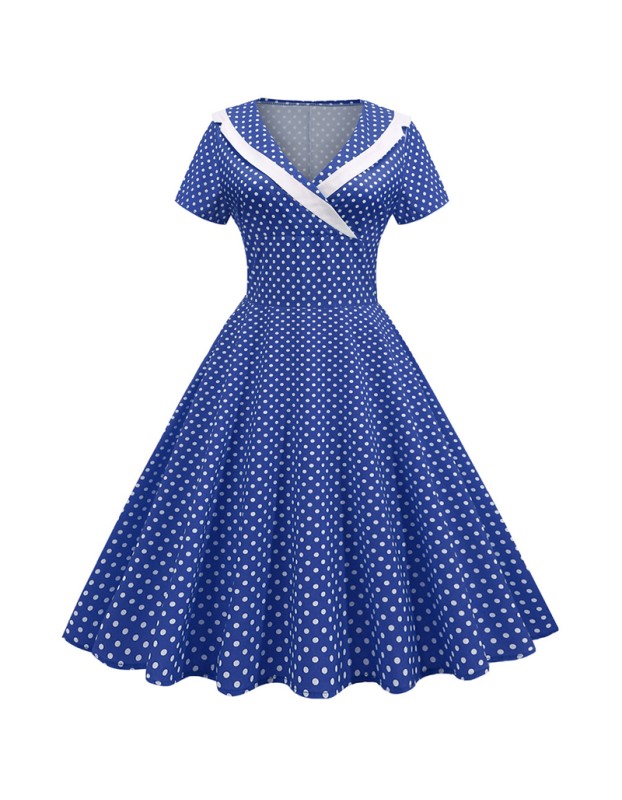 Polka Dots V Neck Women Casual Royal Blue Prom Spring Dresses JY15122