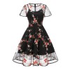 Mesh Patchwork Flying Sleeve Style Swing Mid Length Vintage Dress 5061