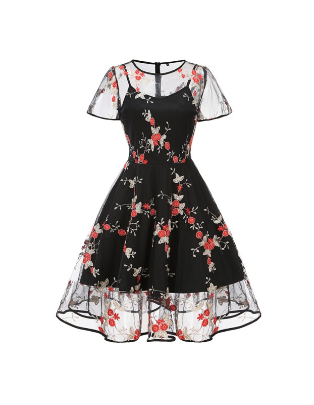 Mesh Patchwork Flying Sleeve Style Swing Mid Length Vintage Dress 5061