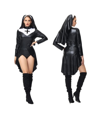 Sexy Nun Costume Women Faux Leather Bad Naughty Nun Roleplay Fancy Dress SL3401